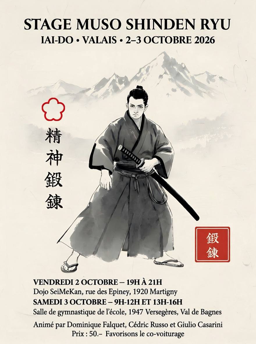 Affiche du stage Musō Shinden Ryū — iai-dō, 2–3 octobre 2026, Martigny et Versegères (Val de Bagnes)
