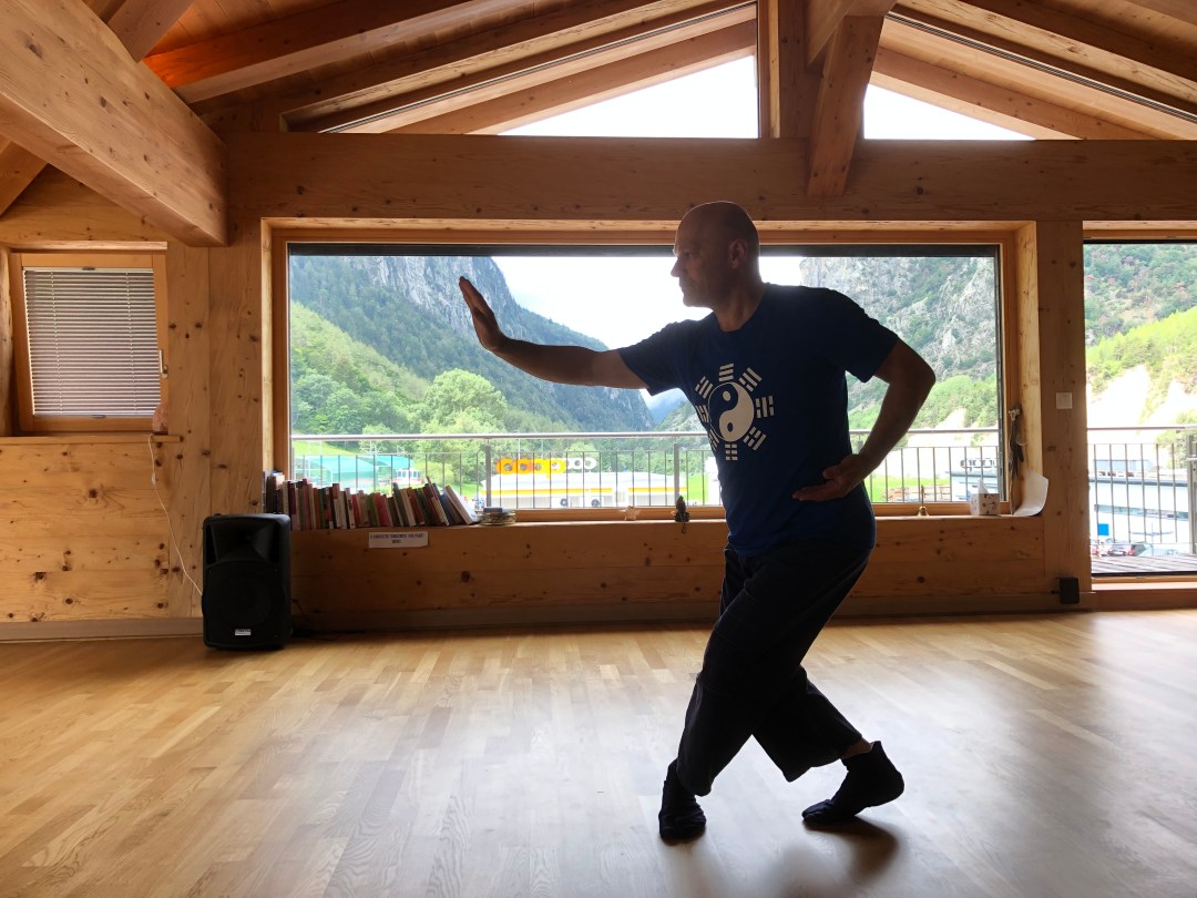 Pratiquants de Chi Kong au Dojo Tanren en Valais, exécutant des mouvements fluides et synchronisés pour améliorer leur énergie vitale et leur équilibre intérieur.