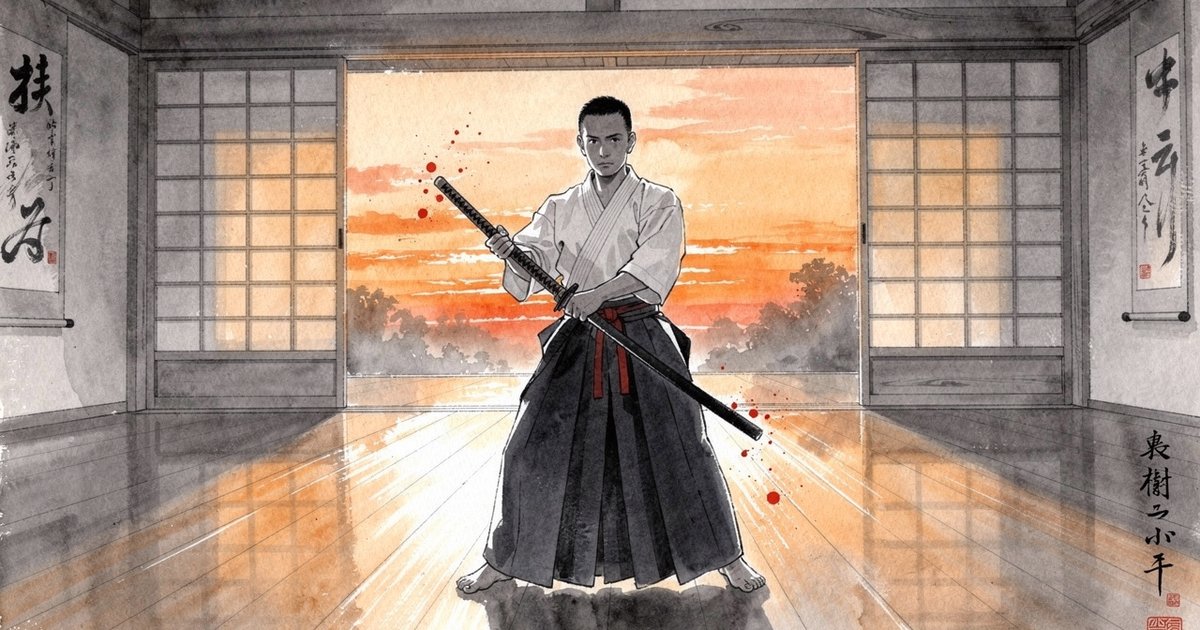 Pratiquant adulte d'arts martiaux japonais en tenue traditionnelle, dojo au coucher du soleil