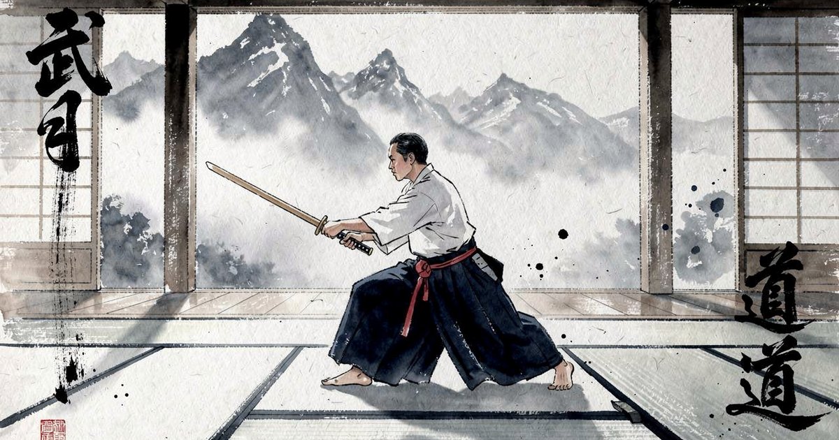 Ashi-sabaki, le jeu de jambes au sabre japonais : pratiquant en hakama exécutant un pas glissé, peinture sumi-e aux accents vermillon