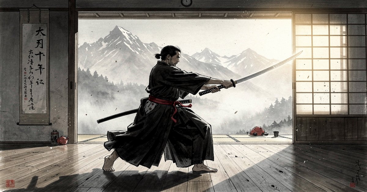 Iaidoka en hakama executant un kata au dojo, style sumi-e avec montagnes valaisannes