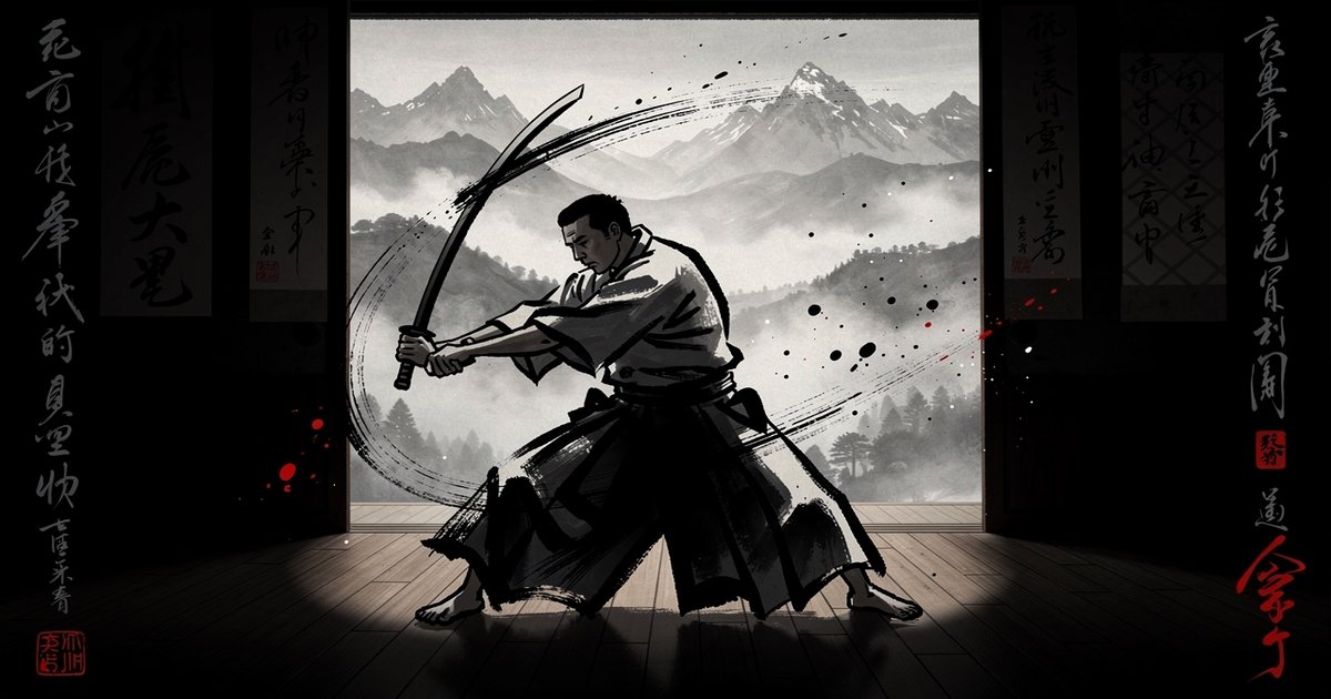 Chiburi, le geste de nettoyage de la lame au sabre japonais, sumi-e
