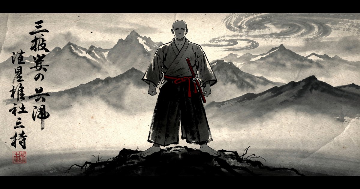 Fudoshin, l'esprit inébranlable, budoka immobile en posture zen devant les montagnes valaisannes