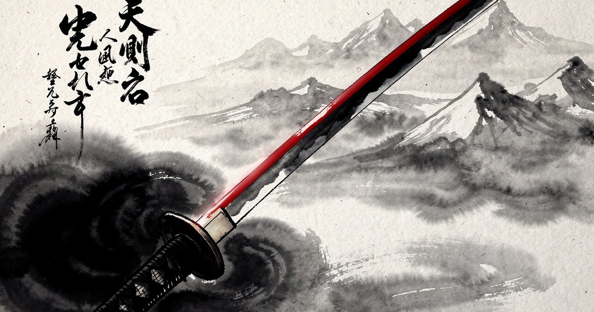 Hasuji, trajectoire de la lame en sumi-e vermillon et montagnes valaisannes