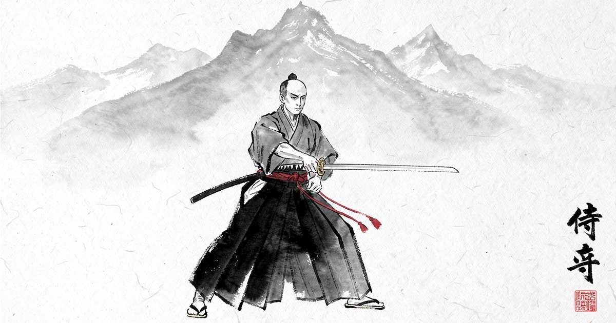 Postures kamae du sabre japonais en style sumi-e