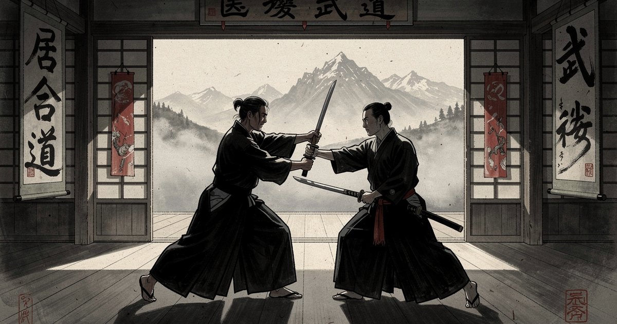 Deux pratiquants d'arts martiaux japonais exécutant un kata au sabre dans un dojo traditionnel, style sumi-e