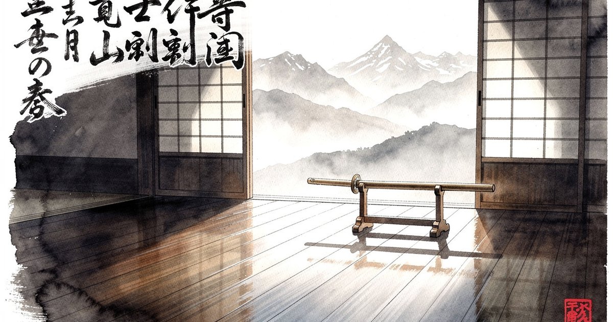 Intérieur de dojo japonais avec bokken sur support, montagnes valaisannes brumeuses en arrière-plan, style sumi-e aux accents vermillon