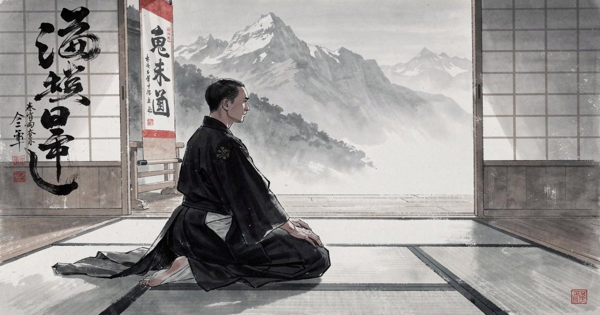 Keiko, la pratique régulière des arts martiaux japonais : pratiquant en hakama s'entraînant dans un dojo traditionnel, peinture sumi-e aux accents vermillon