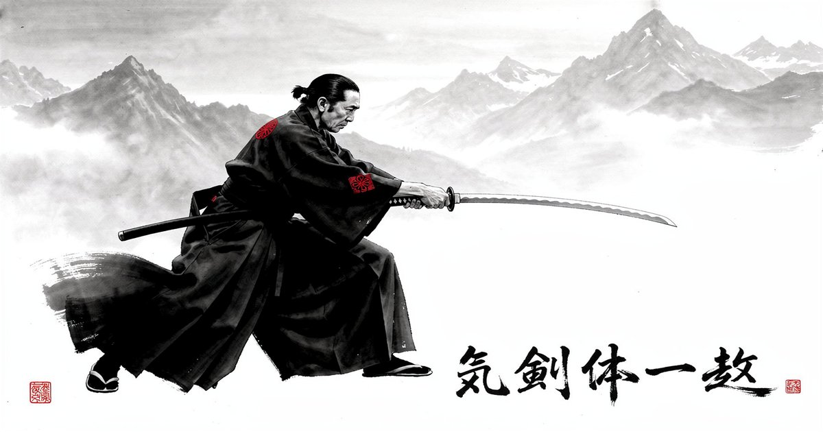 Pratiquant d'iaido en hakama alignant son corps, son sabre et son esprit dans un geste unifié, peinture sumi-e aux accents vermillon