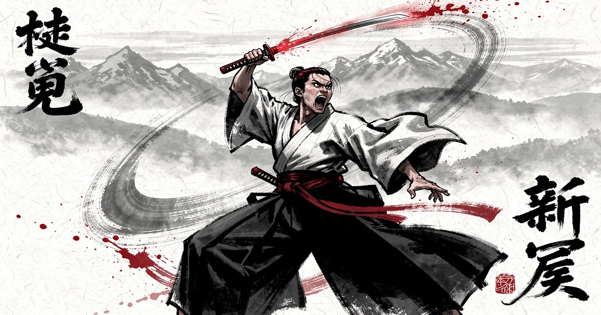 Kiai, le cri d'énergie du pratiquant d'arts martiaux japonais, sumi-e