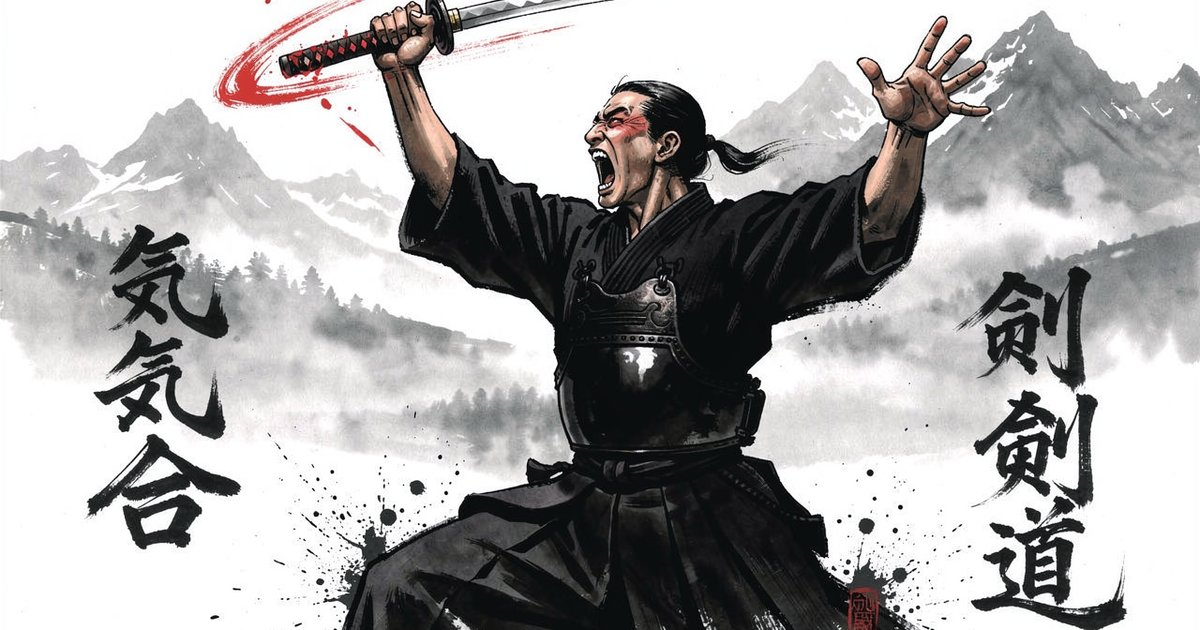 Pratiquant d'arts martiaux japonais en kiai, posture dynamique au dojo