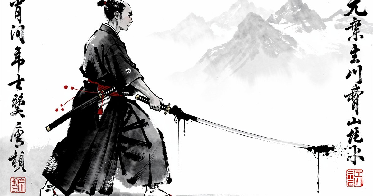 Pratiquant en posture de kihon dans un dojo, sumi-e ink painting avec accents vermillon