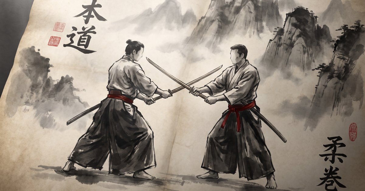 Kumitachi, kata à deux au sabre japonais : deux pratiquants en hakama face à face, bokken croisés, peinture sumi-e aux accents vermillon
