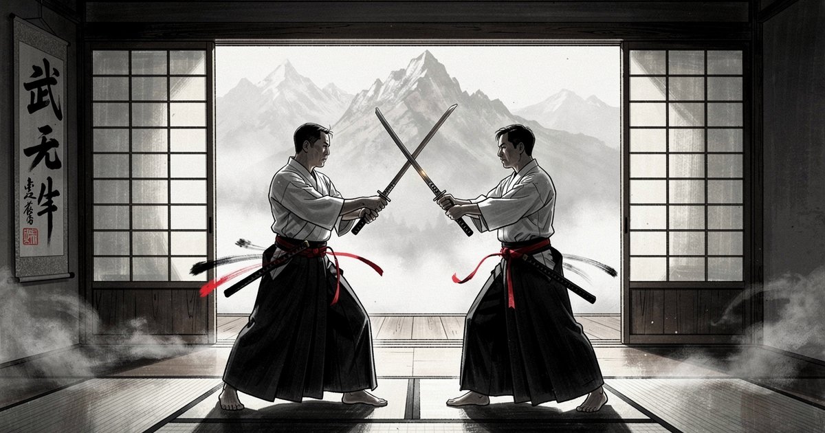 Deux iaidoka mesurant la distance dans un dojo, style sumi-e