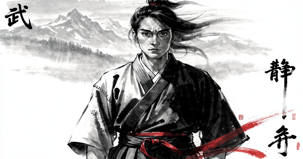 Metsuke, le regard intense du pratiquant d'arts martiaux japonais, sumi-e