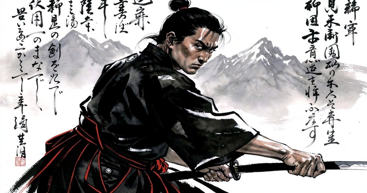 Iaidoka concentré dans la posture du metsuke, style sumi-e avec accents vermillon et montagnes valaisannes en arrière-plan