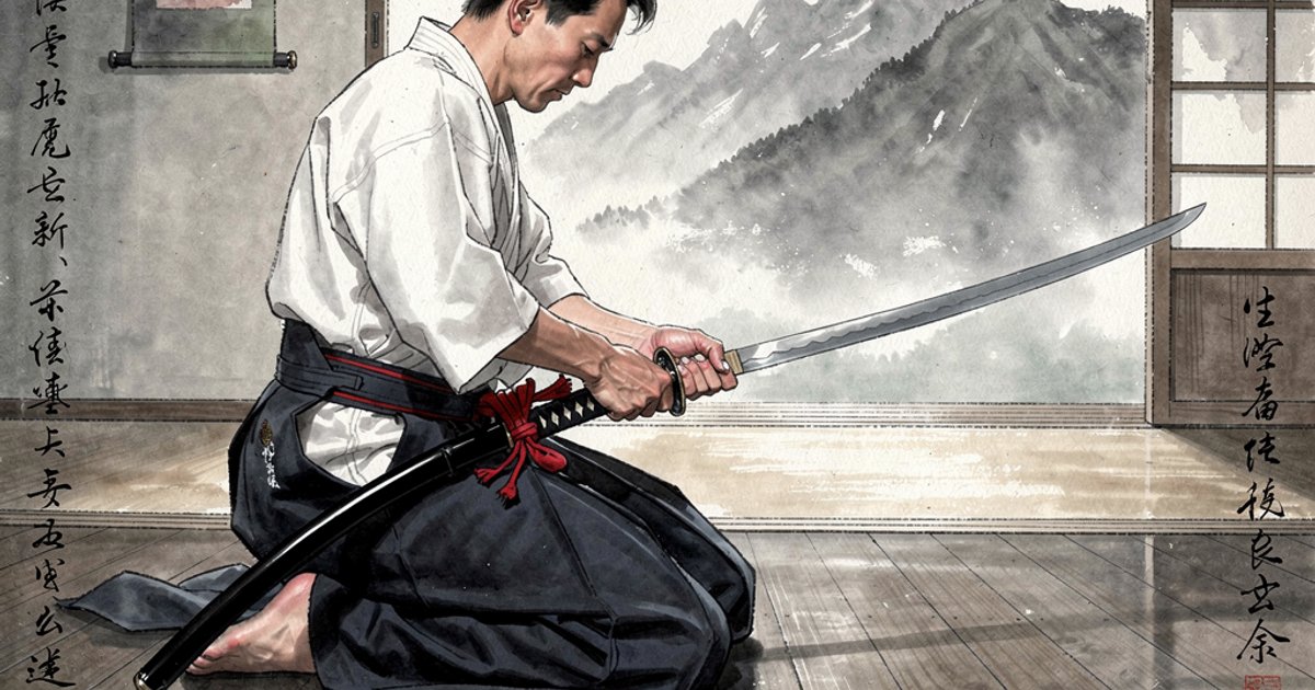 Iaidoka en seiza exécutant le noto, rengainage du sabre dans le saya, style sumi-e avec accents vermillon et montagnes valaisannes