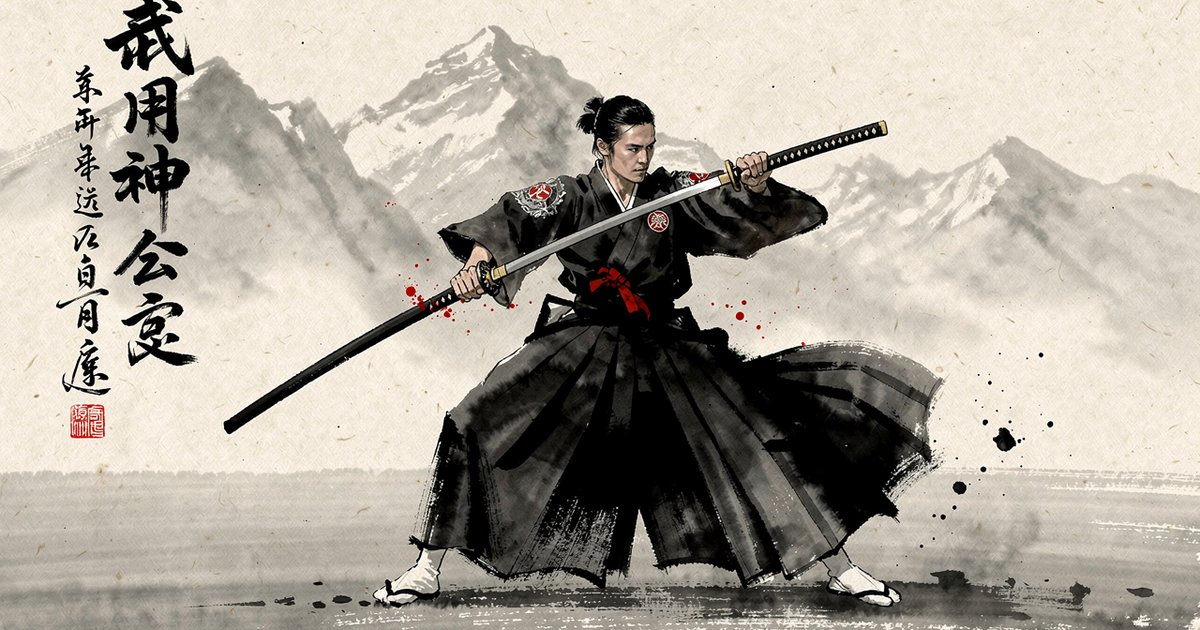 Iaidoka réalisant le nukitsuke, dégainage instantané du katana en style sumi-e vermillon