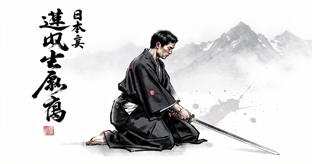 Rei, le salut dans les arts martiaux japonais : pratiquant en hakama saluant en seiza devant son sabre, peinture sumi-e aux accents vermillon