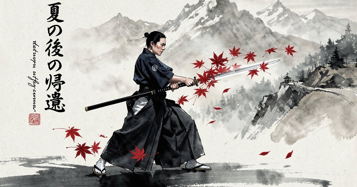 Iaidoka en hakama dégainant le katana, feuilles d'automne, style sumi-e