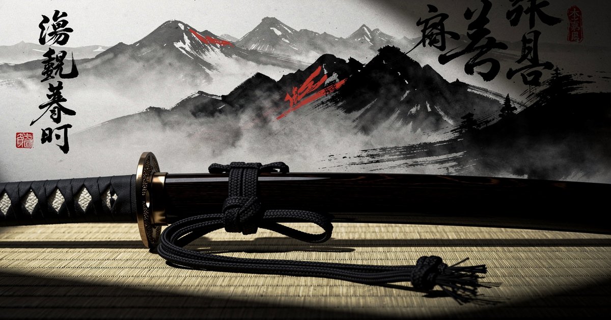 Saya, le fourreau du sabre japonais avec son sageo, sur le tatami, sumi-e