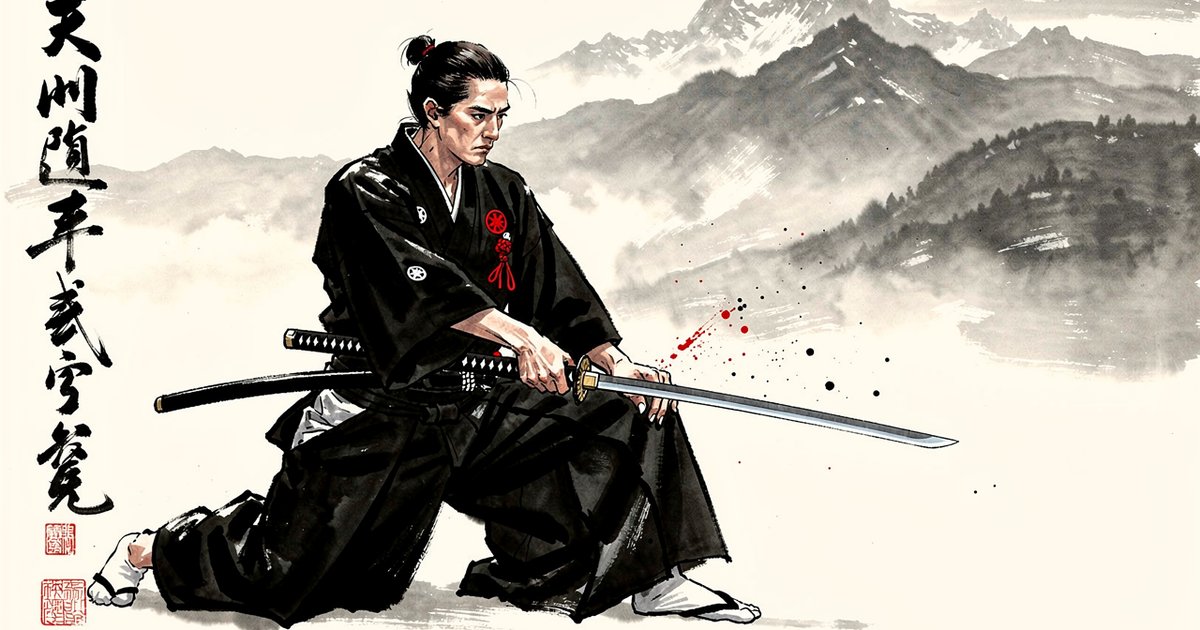 Iaidoka en hakama noir, katana à mi-dégainé, tension sumi-e et accents vermillon, montagnes valaisannes brumeuses