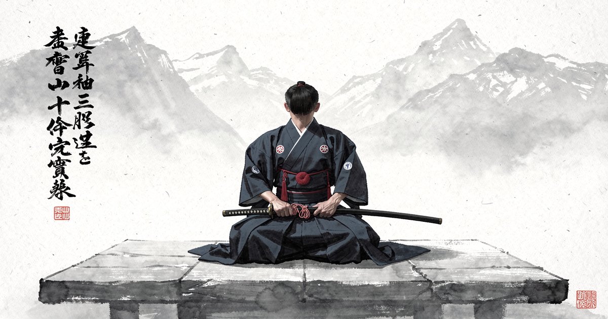 Iaidoka en hakama agenouillé en seiza, katana posé sur les cuisses, style sumi-e — progression Shoden, Chuden, Okuden du Musō Shinden Ryū