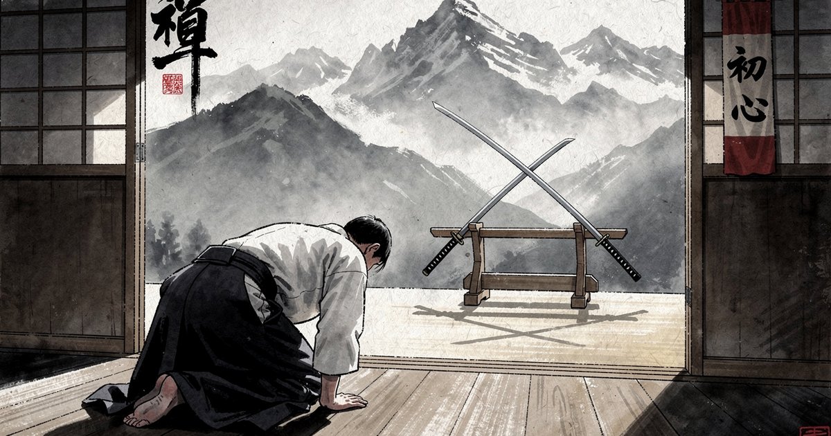Peinture sumi-e d'un pratiquant en posture de débutant devant un dojo traditionnel, montagnes valaisannes brumeuses, accents vermillon