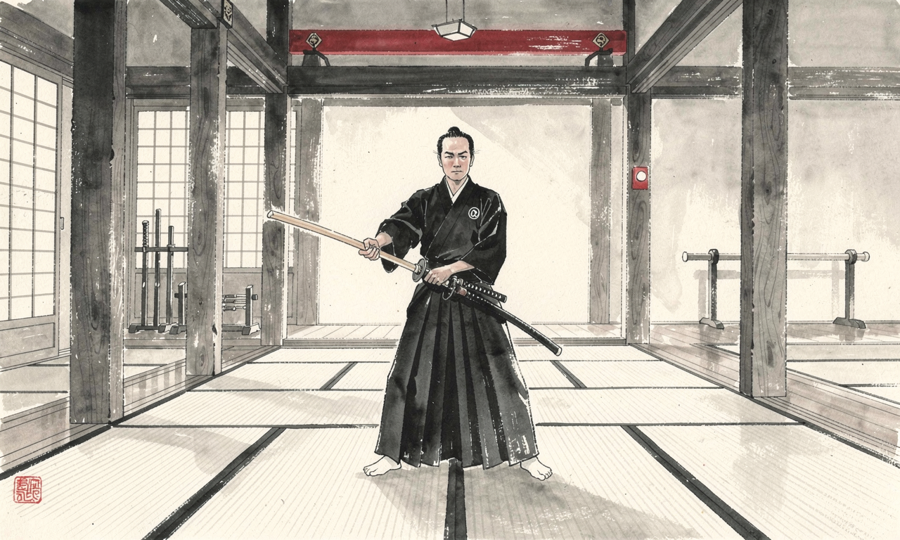 Pratiquants d'iaido en hakama dans un dojo traditionnel, stage Musō Shinden Ryu
