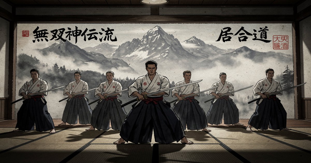 Stage de muso shinden ryu iaido, groupe de pratiquants en hakama, sumi-e