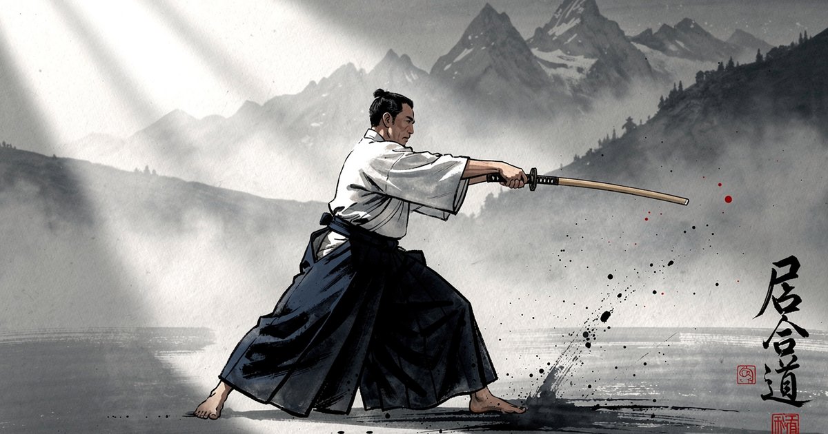 Pratiquant d'iaido en hakama effectuant des suburi au bokken dans un dojo traditionnel