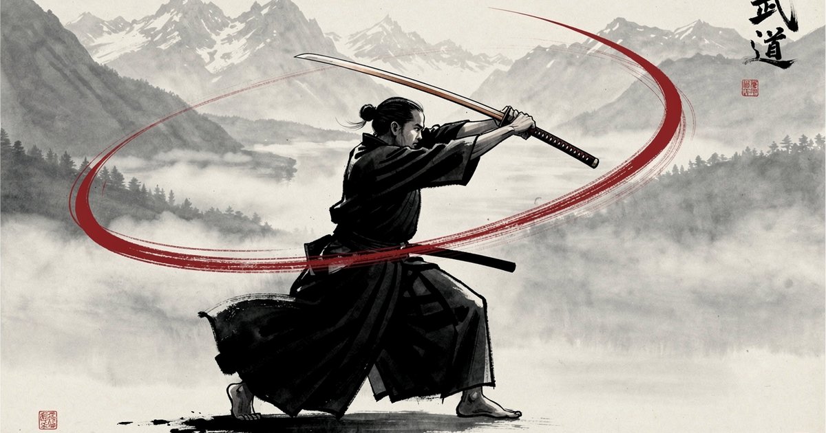 Pratiquant effectuant un suburi au bokken dans un dojo traditionnel, montagnes valaisannes en arriere-plan