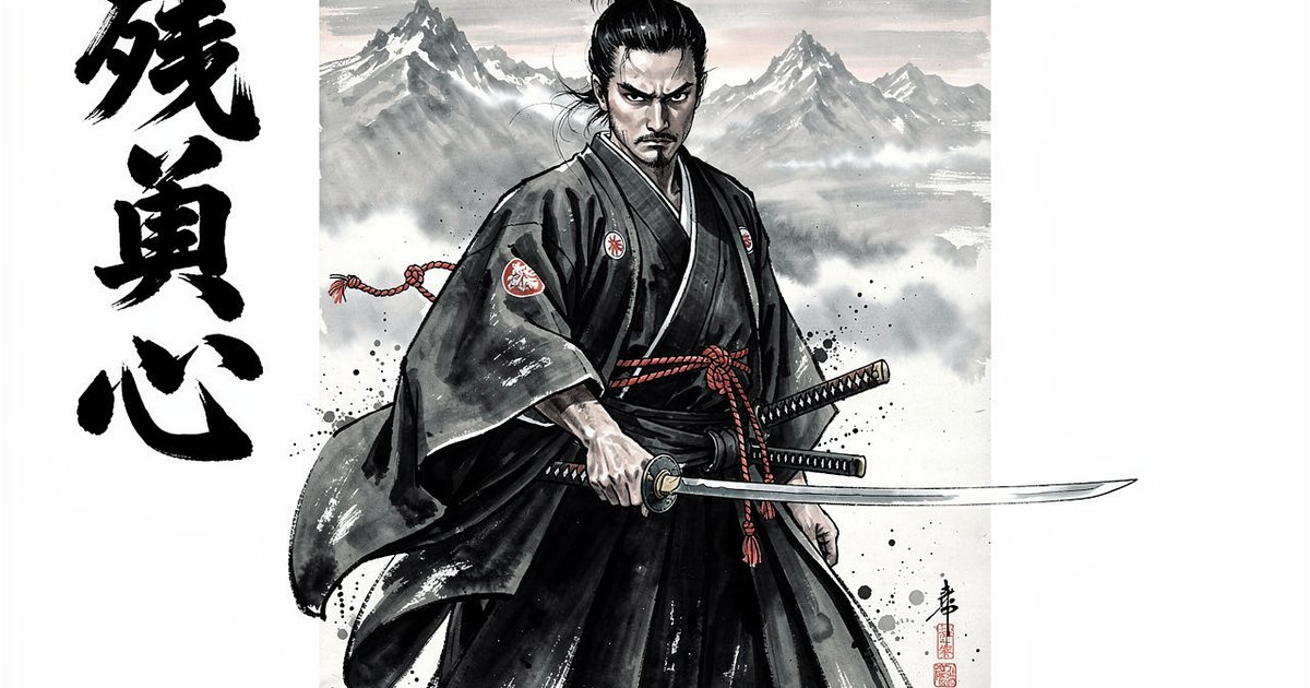 Samouraï en posture de zanshin, regard perçant après le dégainage du katana, peinture sumi-e aux accents vermillon