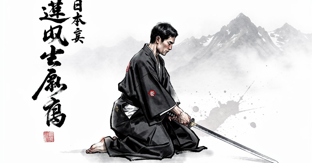 Zanshin en iaido : iaidoka en posture de vigilance après le kata, peinture sumi-e vermillon