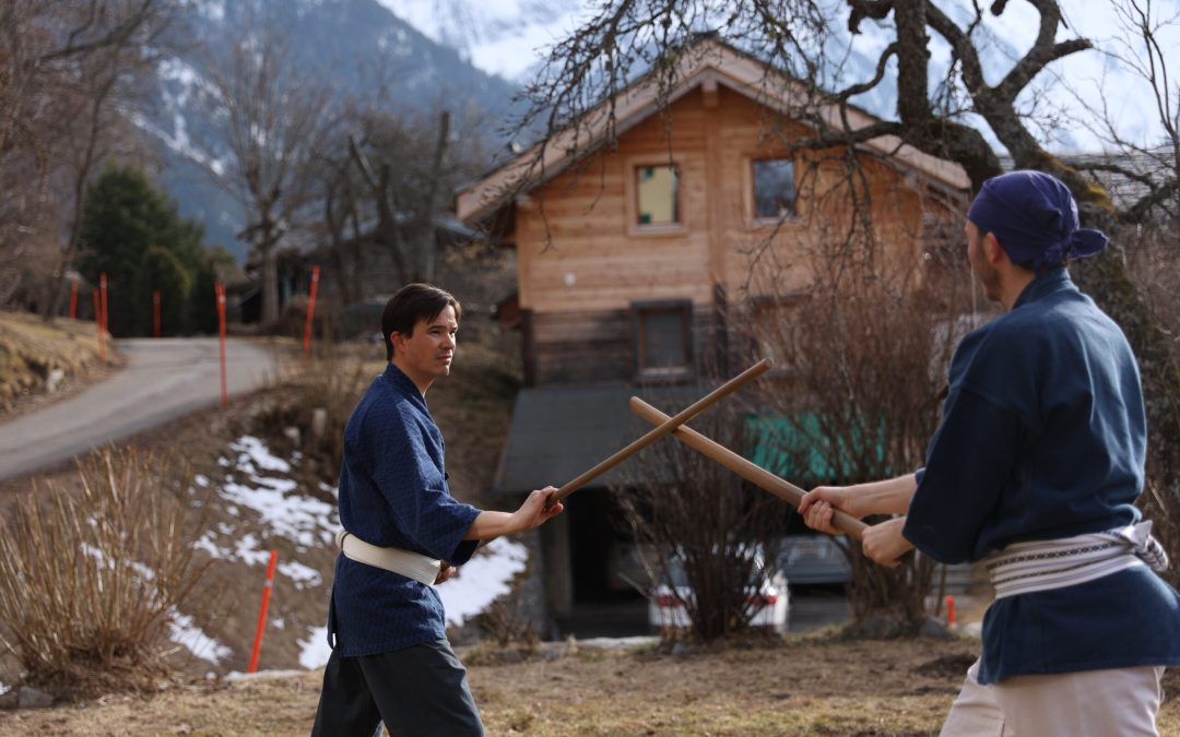 Deux pratiquants s’affrontent amicalement en bo-jutsu et kenjutsu dans un dojo, avec jeux d’ombres et de lumière, illustrant la notion de partenariat et d’harmonie du stage « Kage Hikari ».