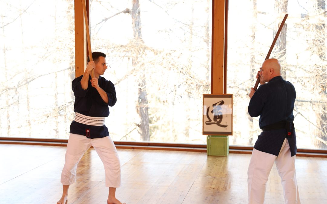 Deux pratiquants réalisent un kata de Katori Shinto Ryu dans le dojo, illustrant la marge (yoyu) : positions concentrées, sabres croisés, gestes synchronisés, tension et calme mêlés dans une ambiance lumineuse et attentive, symbolisant la rencontre entre technique et espace intérieur.