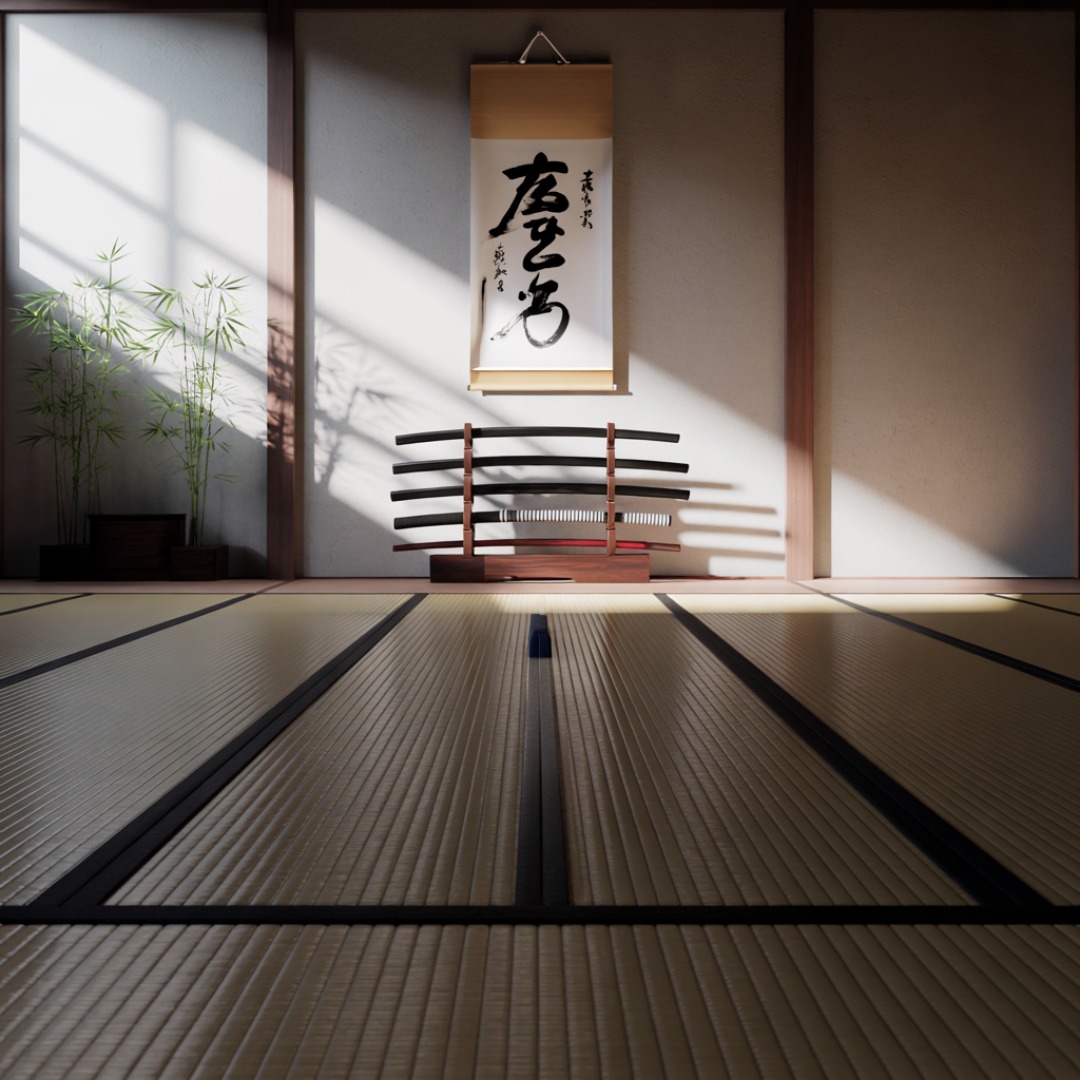 Intérieur d’un dojo moderne vide, tatamis propres, armes japonaises sur râtelier, décor japonais minimaliste, lumière douce, plantes et rouleaux calligraphiés.