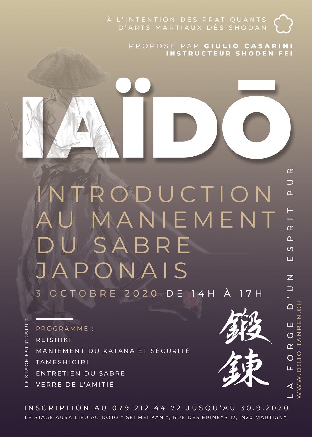 Affiche du stage Tameshigiri à Martigny – Sabre japonais, éthique et coupe pour ceintures noires, animé par Giulio Casarini, le 3 octobre 2020 au Dojo Sei Mei Kan